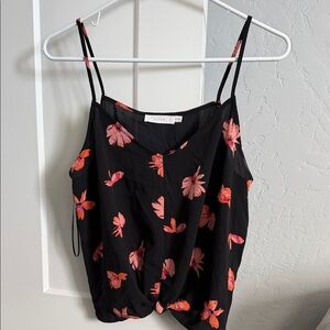 Lush Black Spaghetti Strap Cami with Pink-Orange Floral Print
